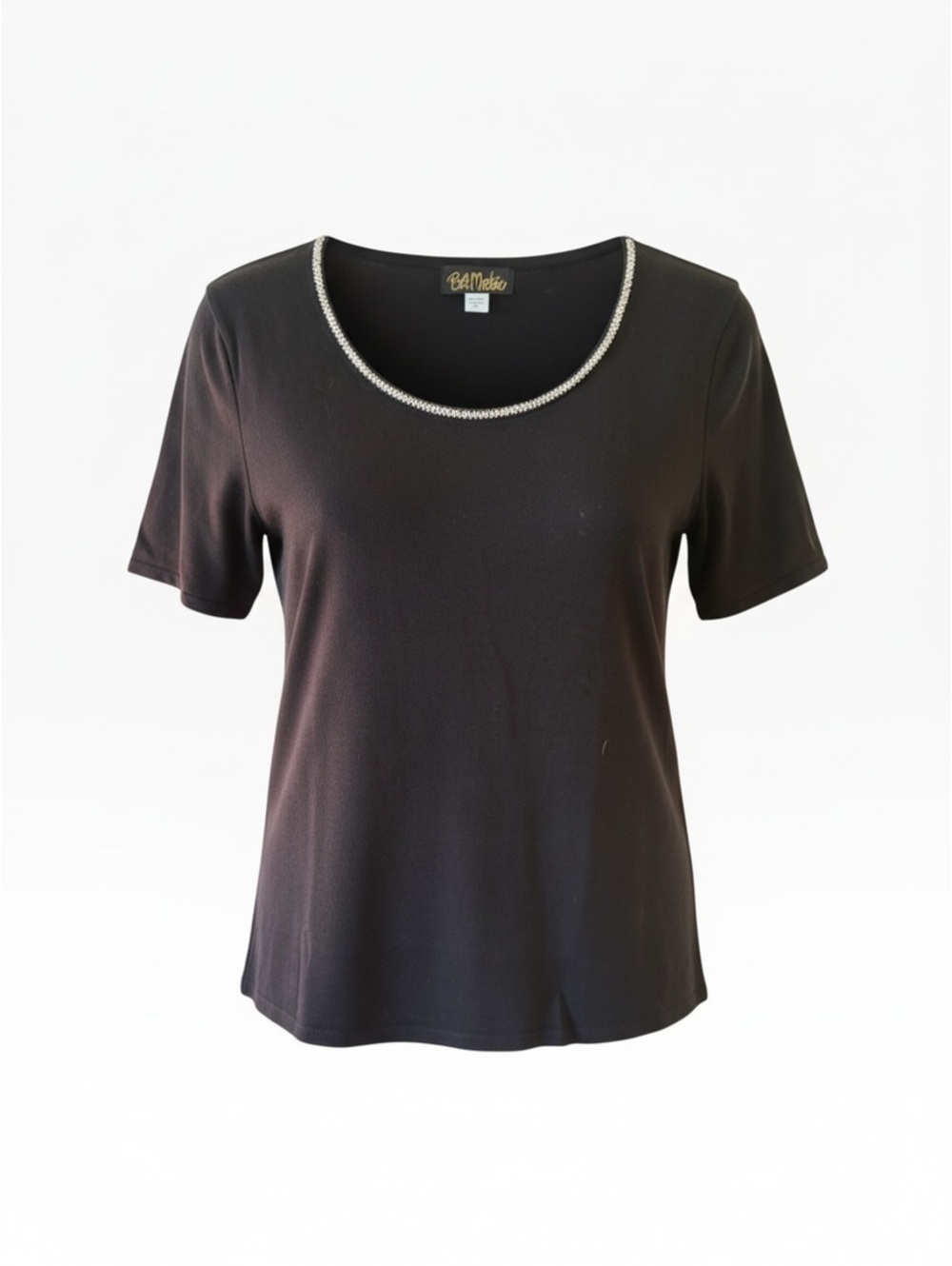 Bob Mackie Vintage Black Rhinestone-Trim Short Sleeve Top